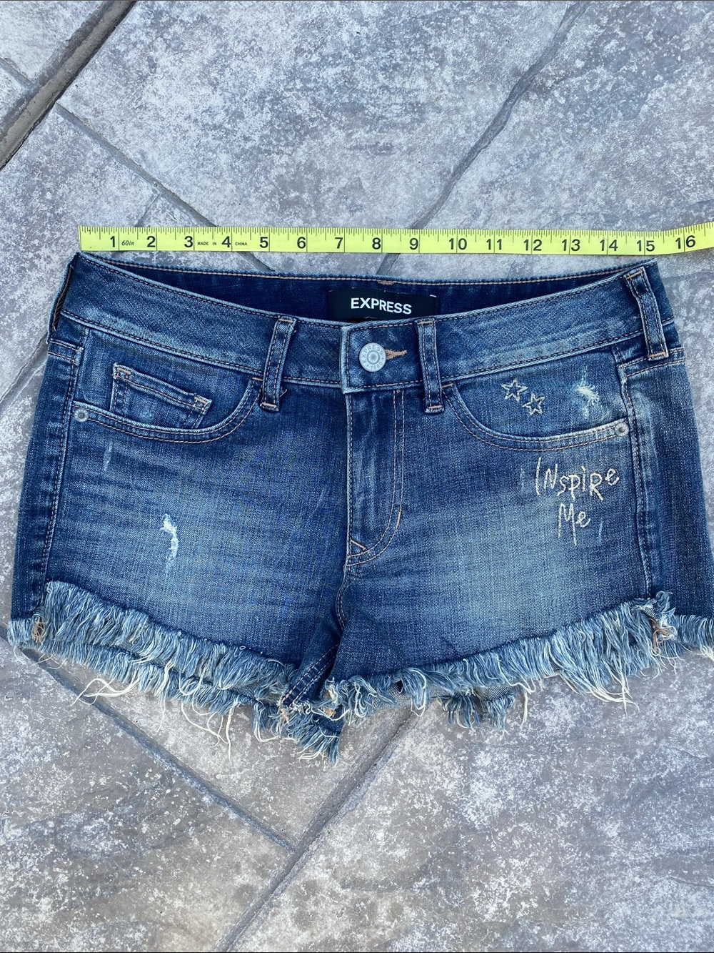 Express Women's Dark Blue Denim Frayed Hem Shorts
